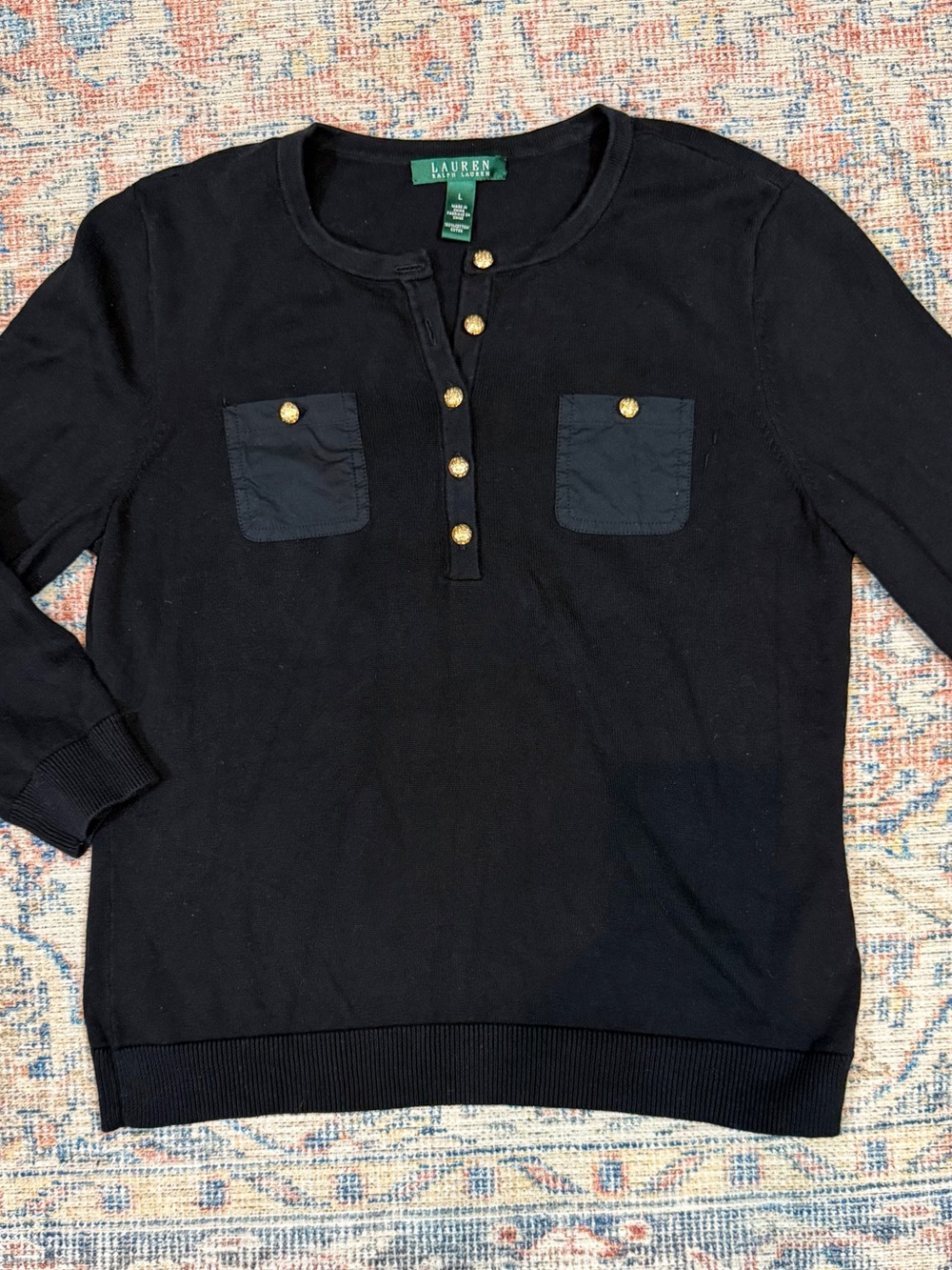 Lauren Ralph Lauren Black Cotton Henley Sweater Womens L Gold Crest Buttons - Picture 6 of 10